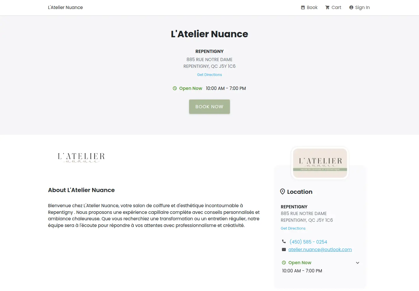 Page de réservation de L’Atelier Nuance avant Weberly